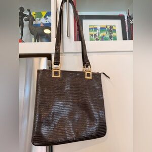 Vintage Dark Brown Crocodile + Brass Shoulder Bag
